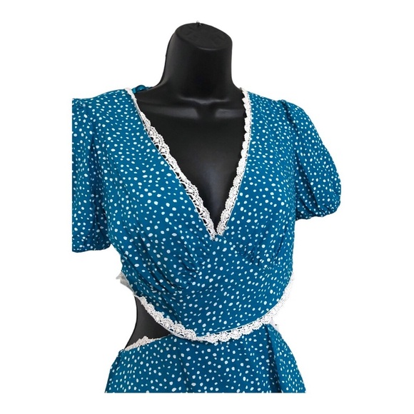 Puff sleeve crochet lace trim open back waist cutout blue teal short dress sizeM - Picture 14 of 14